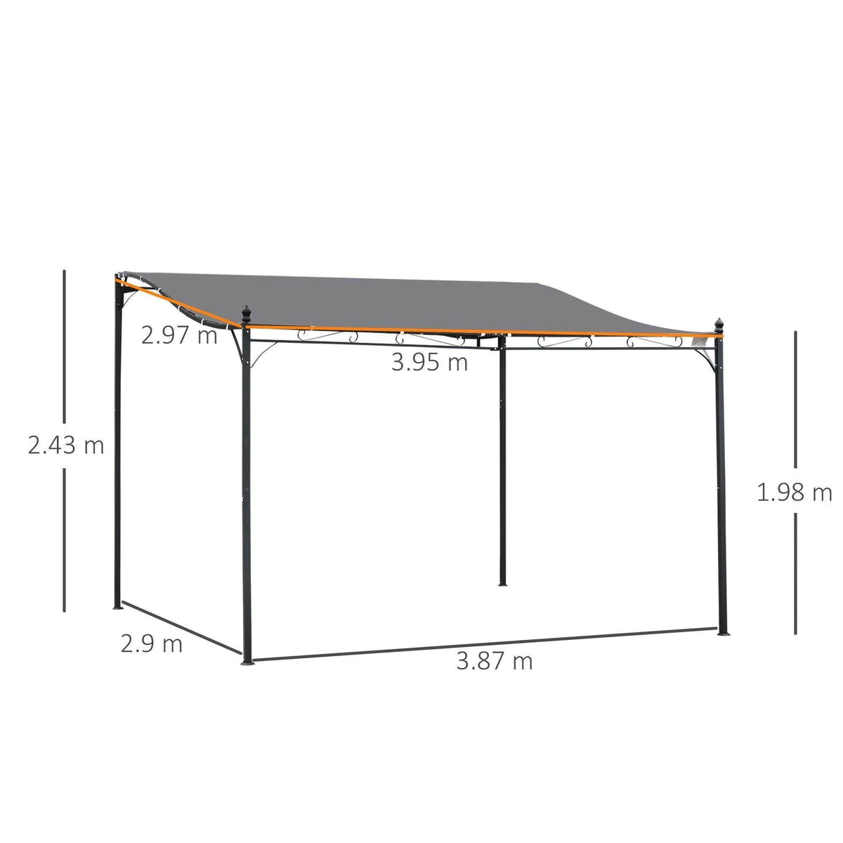 Wall-mounted metal gazebo frame with gray canopy, shown with size dimensions