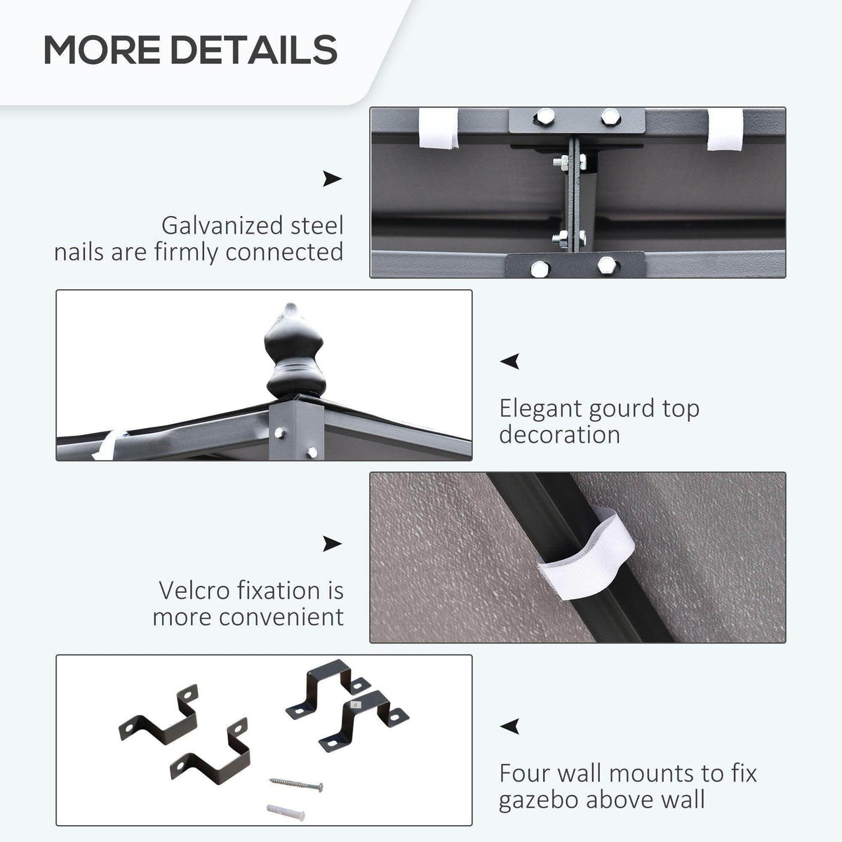 Wall gazebo mounting details with galvanized steel parts and gourd finial top