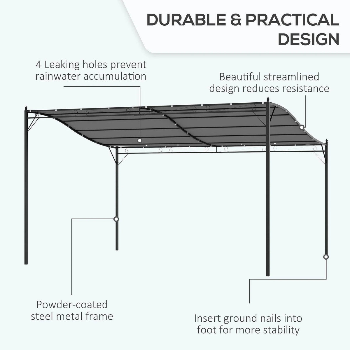 Powder-coated steel wall gazebo with streamlined roof and rainwater drainage design