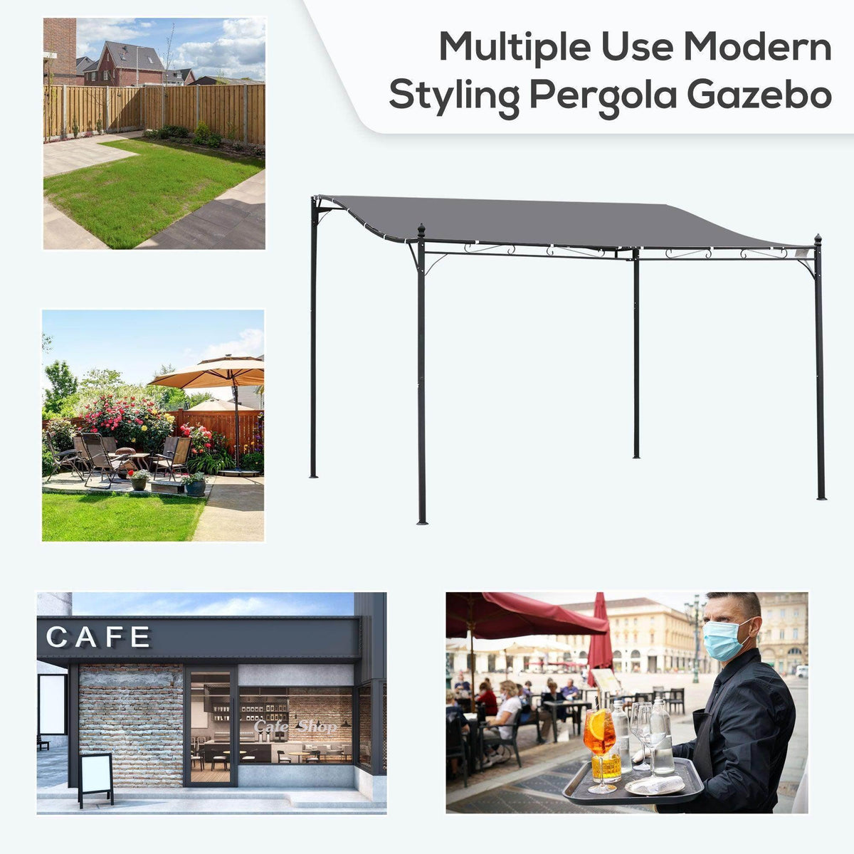 Metal wall gazebo pergola with dark frame and gray canopy for multi-use installation