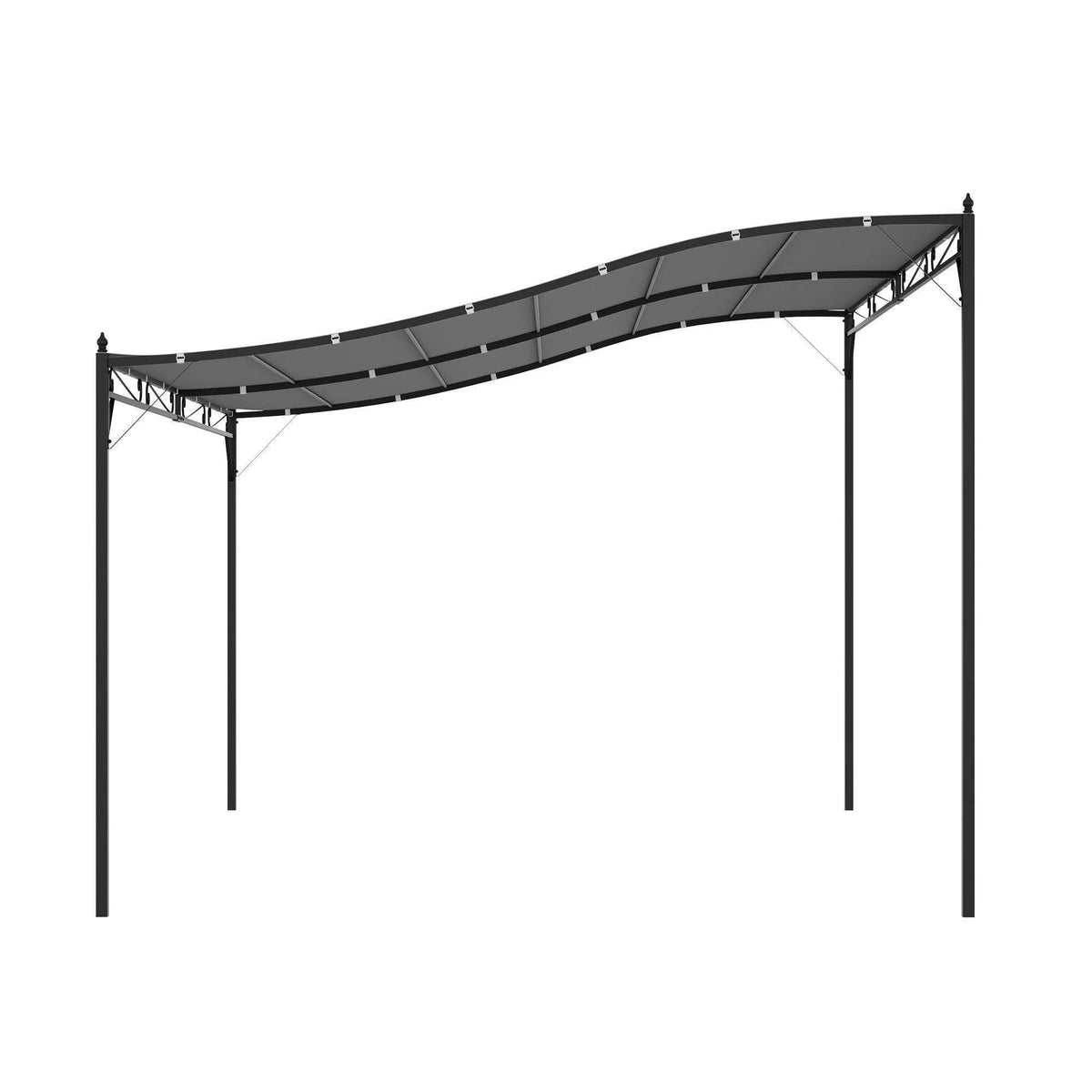 Metal wall gazebo frame with curved gray canopy roof and four corner posts