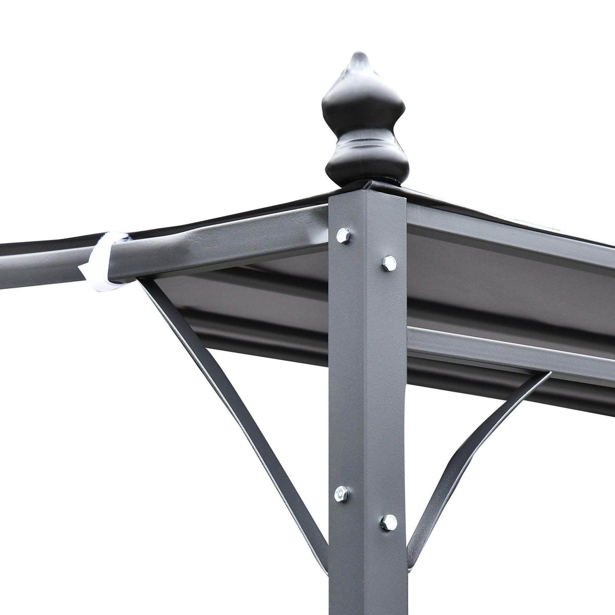 Gourd-topped gazebo corner post with bolts on dark metal wall-mounted frame