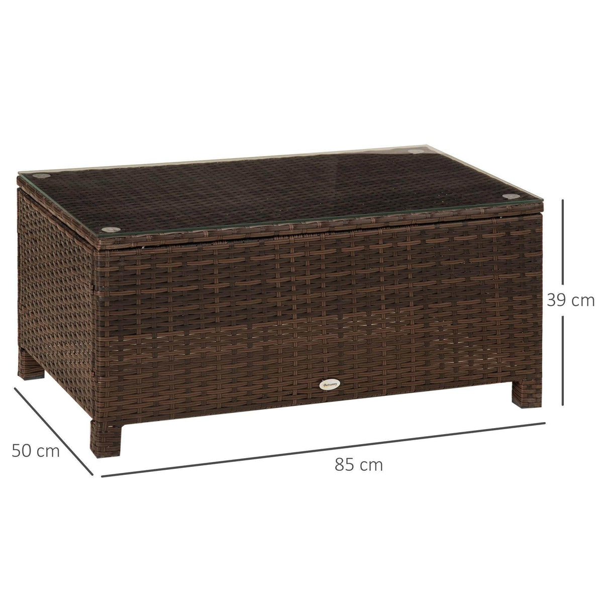Rectangular brown mixed rattan coffee table with clear glass top and low legs