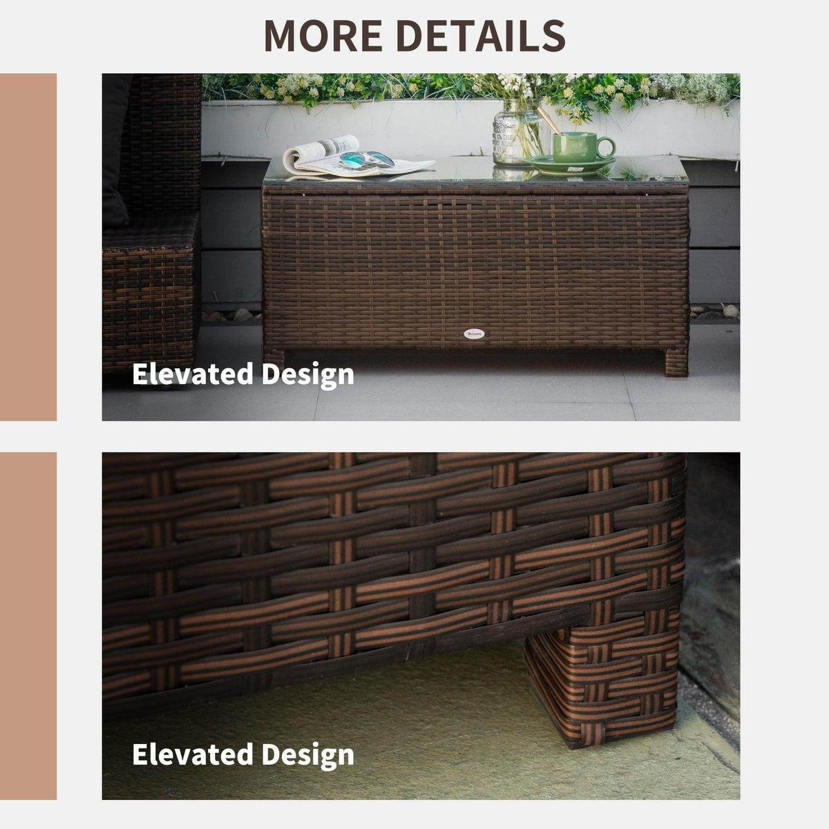 Brown mixed rattan coffee table with raised lower shelf and woven front panel