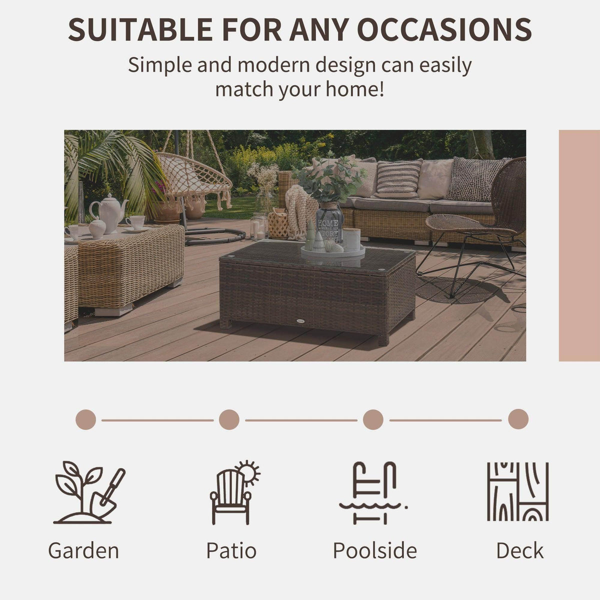 Mixed brown rattan coffee table with clear glass top and rectangular tabletop