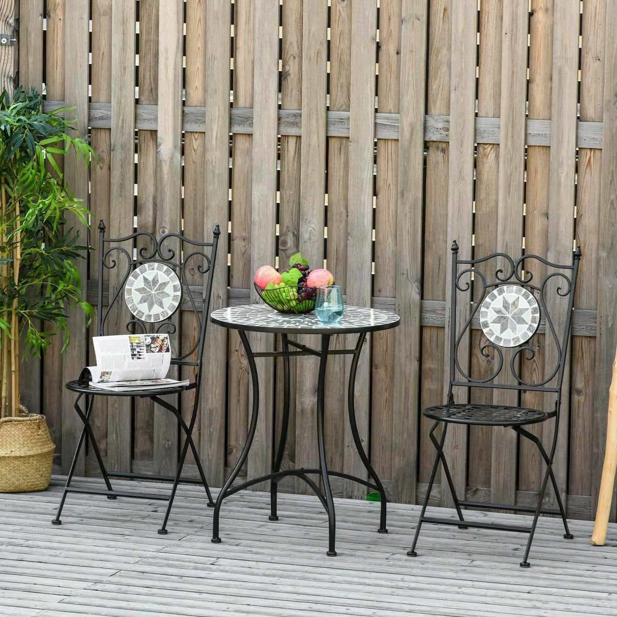 Outdoor bistro table and 2 foldable chairs with black frames and round mosaic tile seats