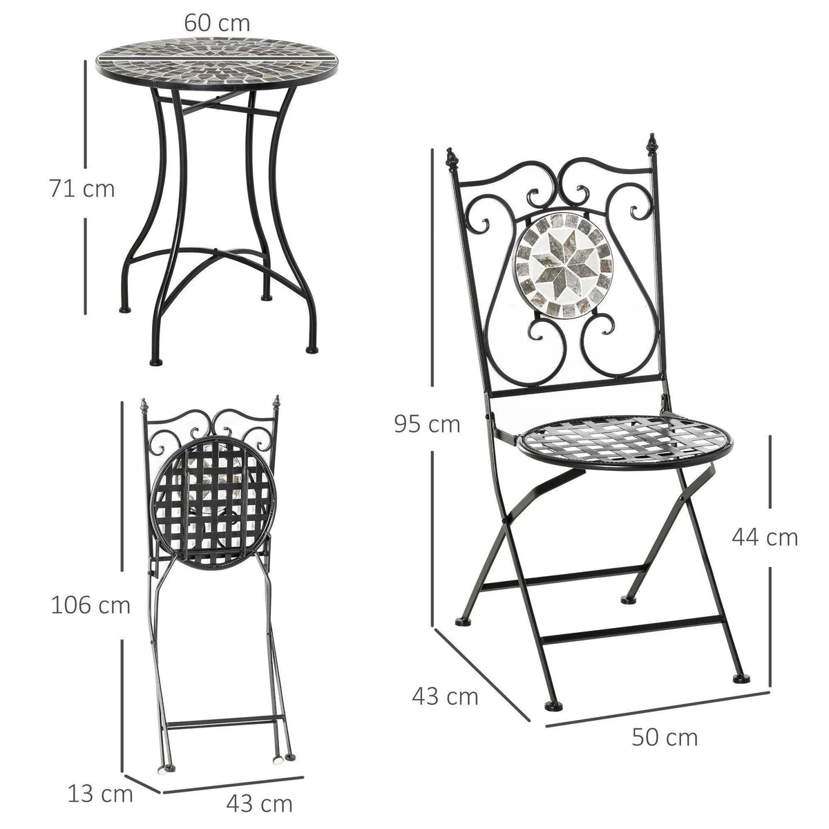 Black outdoor bistro table and folding chairs with round mosaic tile top and seats; dimensions