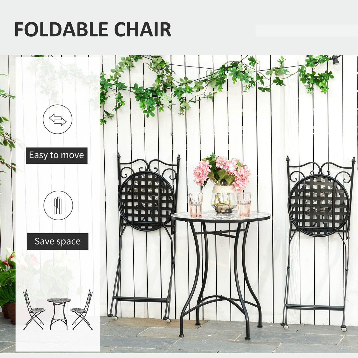 Foldable black outdoor chair with circular mosaic tile back and seat; grid pattern