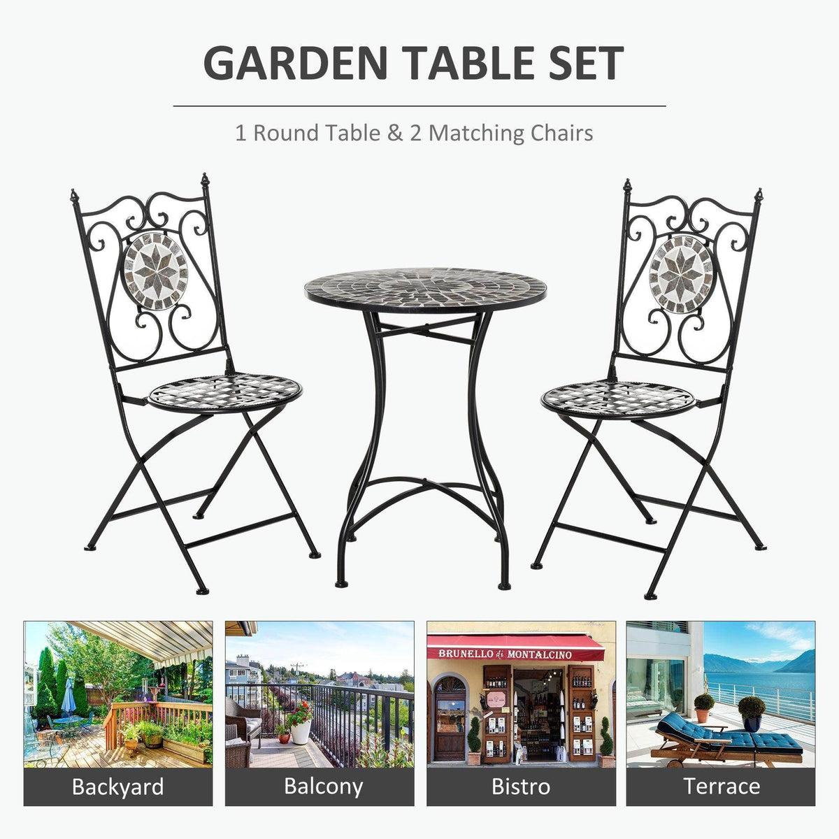 Garden bistro table set with round mosaic tile table top and 2 matching chairs; black frames