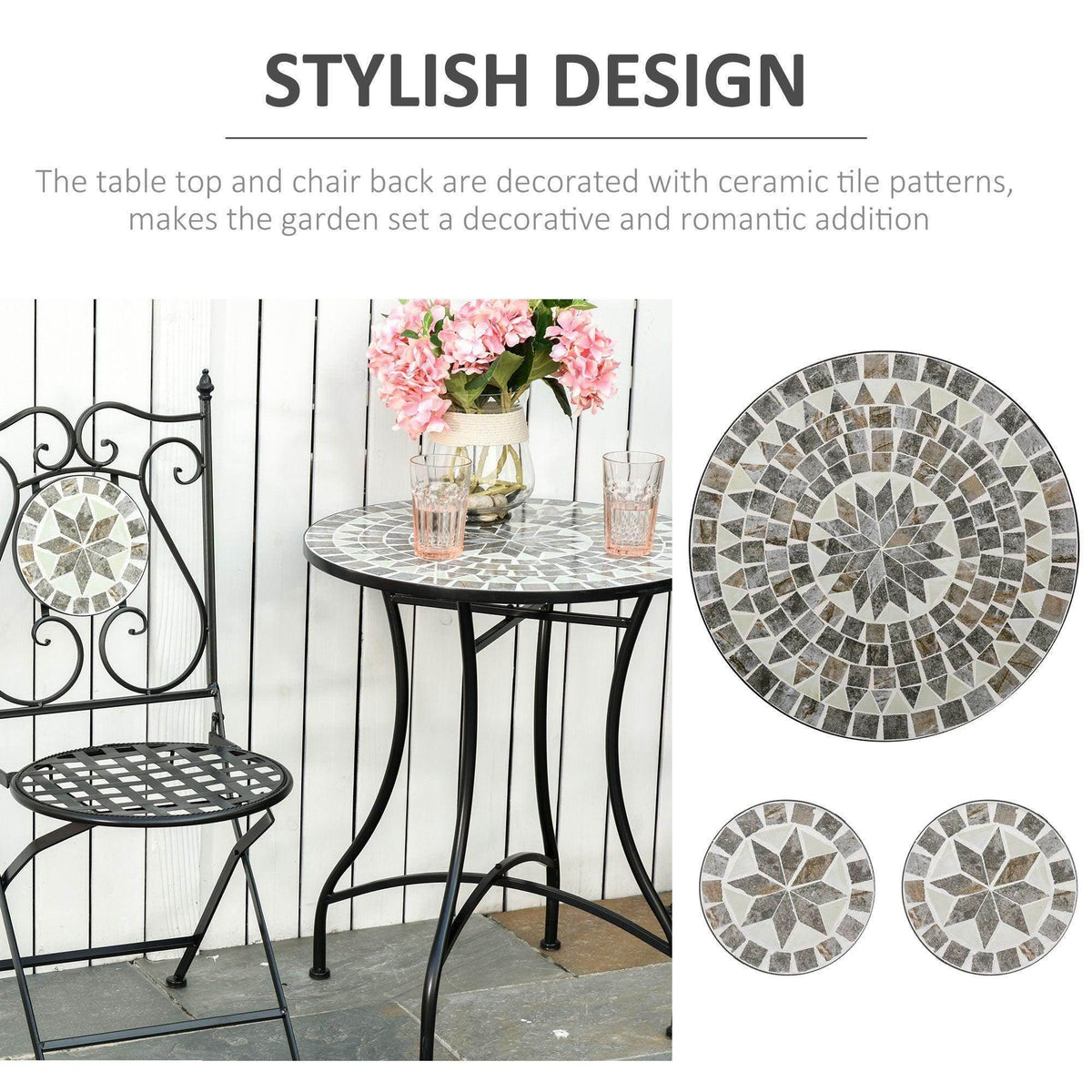 Black bistro table with round mosaic tile top and 2 chairs with circular mosaic tile backs