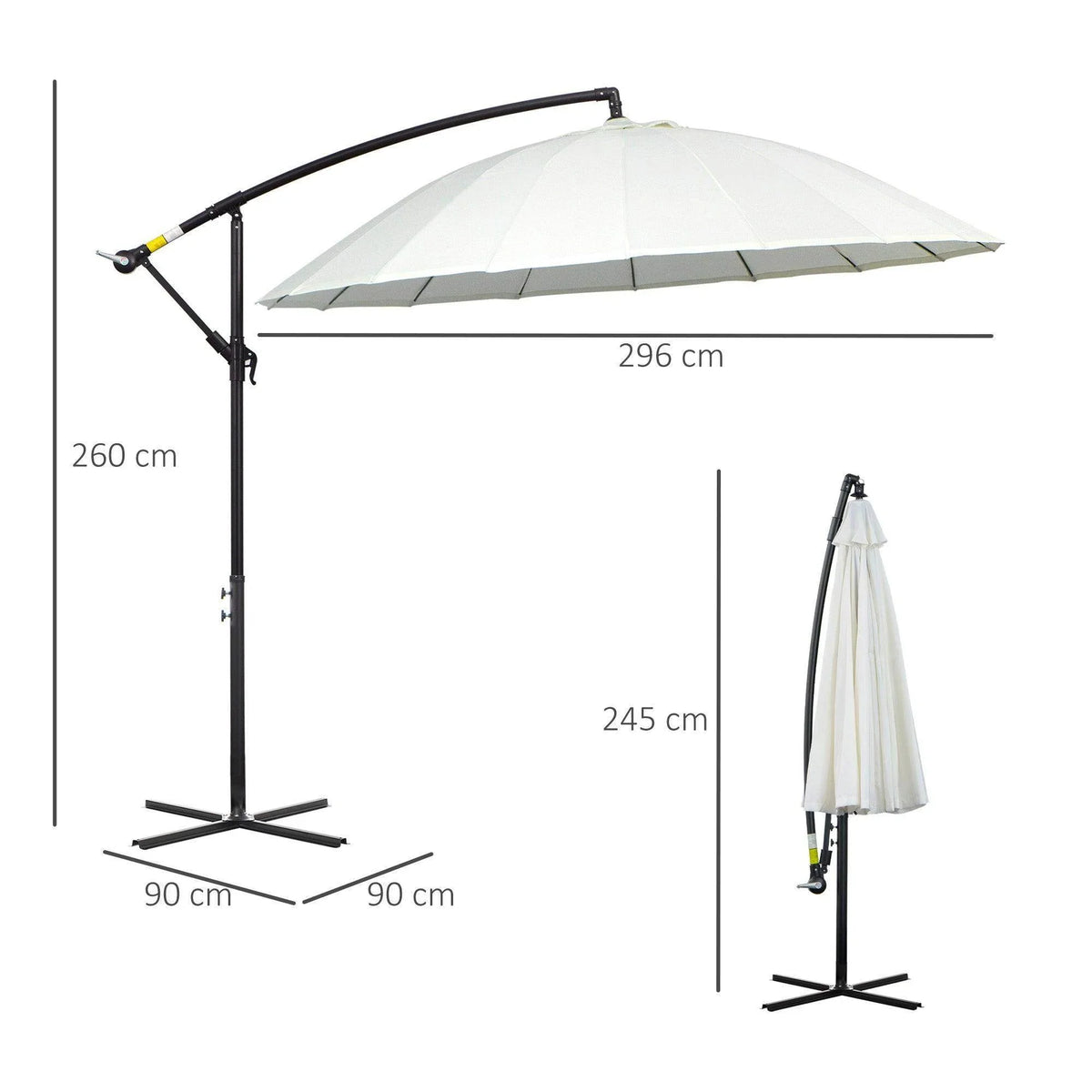 Off-white cantilever parasol with base and height/width dimension lines