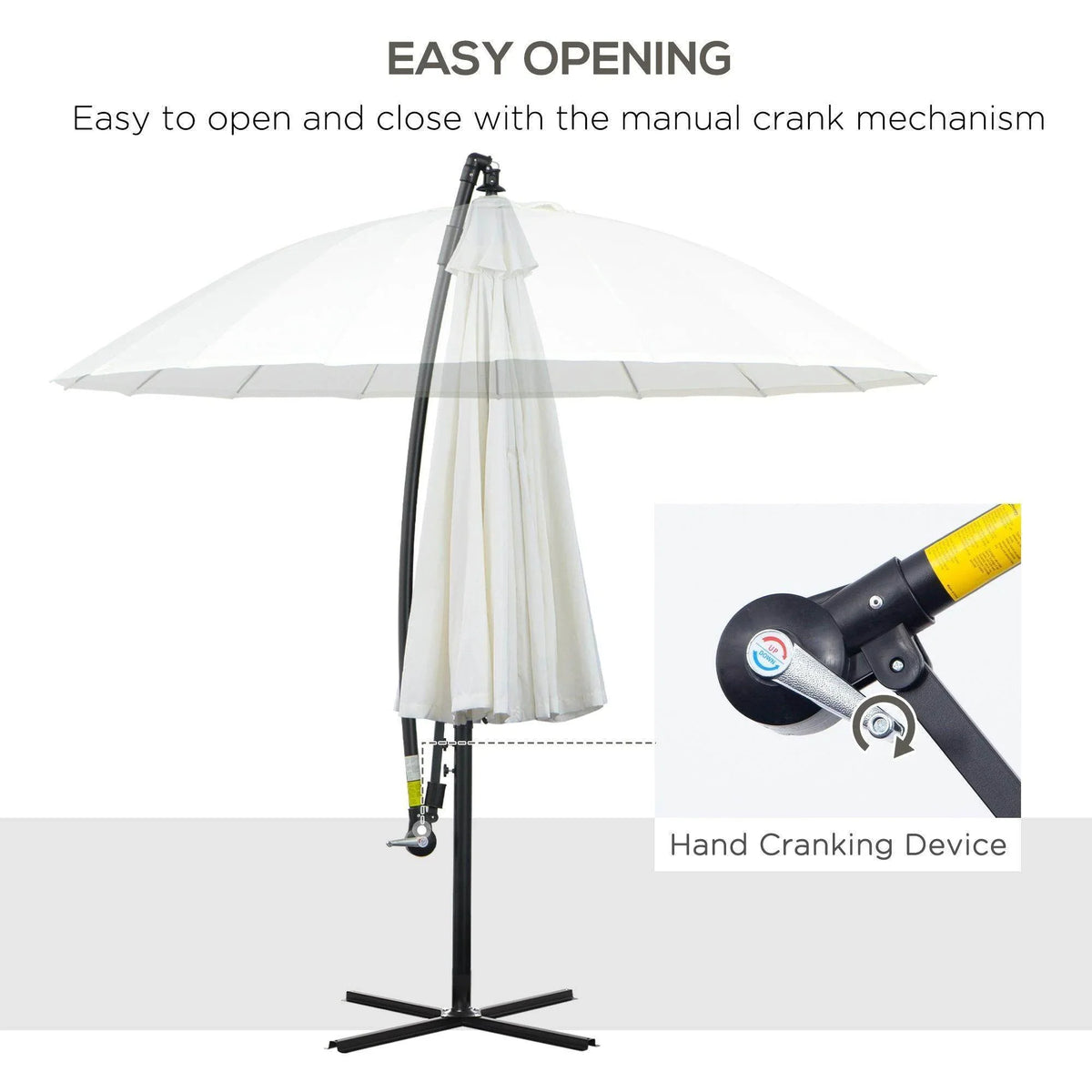 Off-white cantilever parasol with manual crank opening and closing mechanism