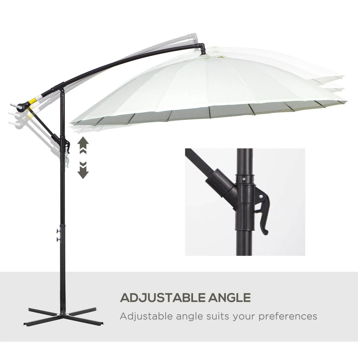 Off-white cantilever parasol showing adjustable tilt angle joint details
