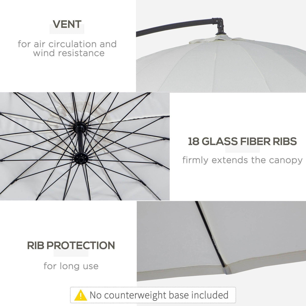 Off-white cantilever parasol canopy with vent panels and glass-fiber ribs