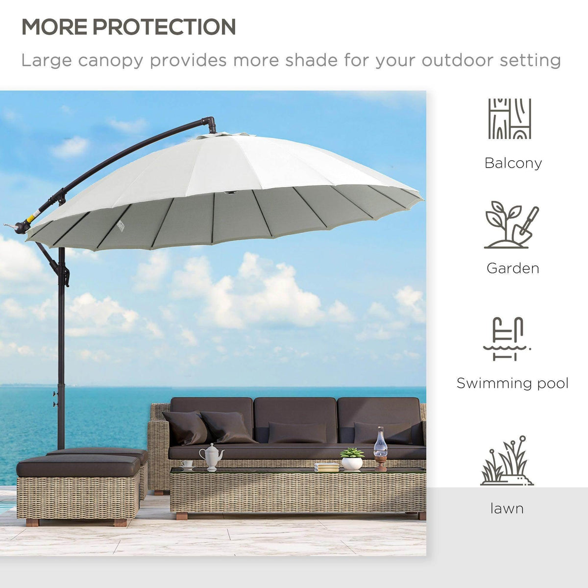 Off-white cantilever parasol shading outdoor lounge on patio