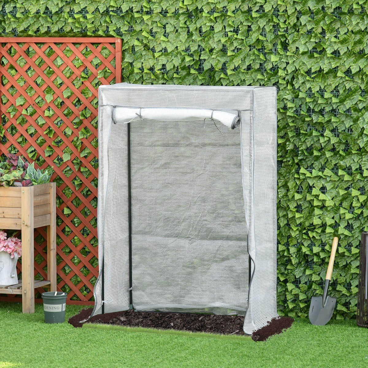 Outdoor greenhouse PE cover with roll-up door, gray fabric frame and mesh panels