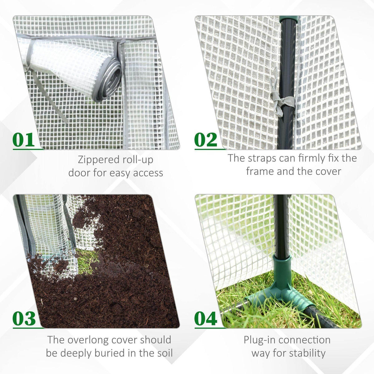 Roll-up greenhouse door with zipper and securing straps for frame and cover