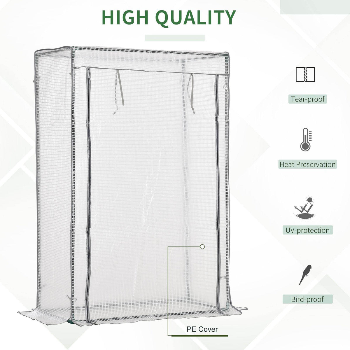 Outdoor greenhouse PE cover with zippered roll-up door and reinforced edges