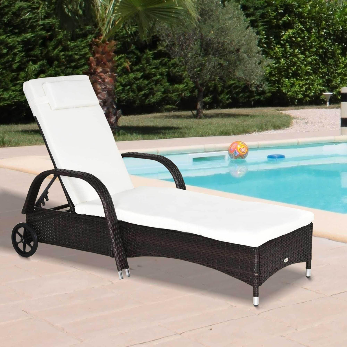 Brown rattan sun lounger with white cushion, adjustable backrest, on wheels