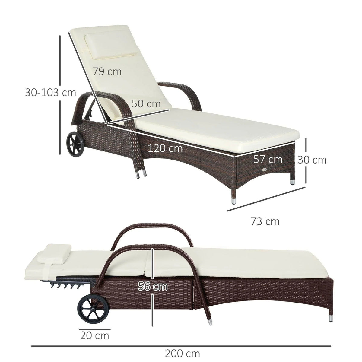 Brown rattan adjustable sun lounger with white cushion; side and top view with dimensions
