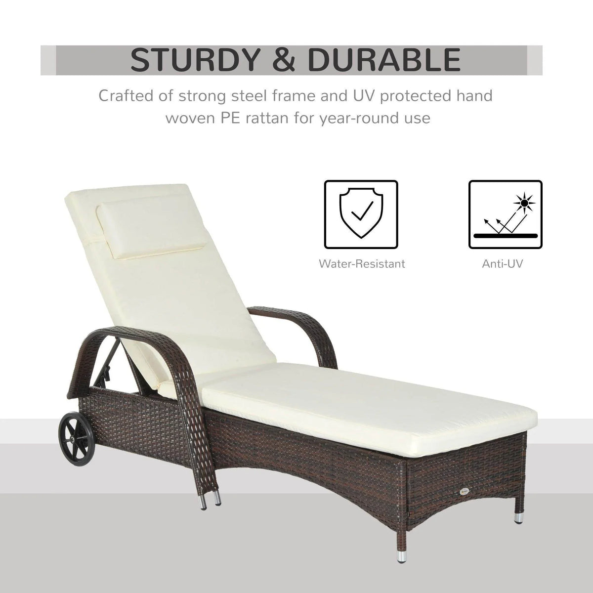 Brown woven rattan sun lounger with white seat cushion and contoured adjustable backrest