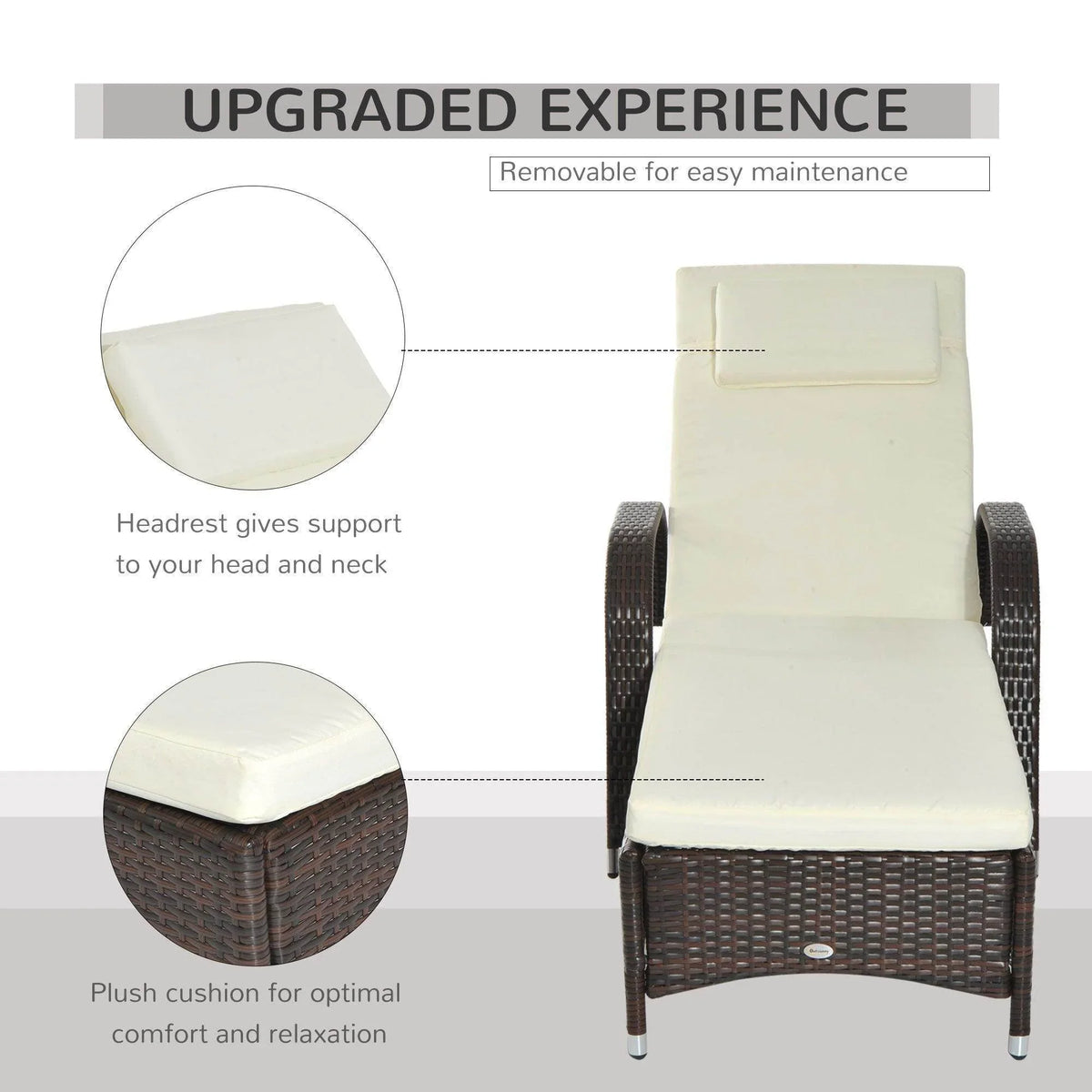 Brown rattan sun lounger with thick white headrest cushion and removable seat cushion