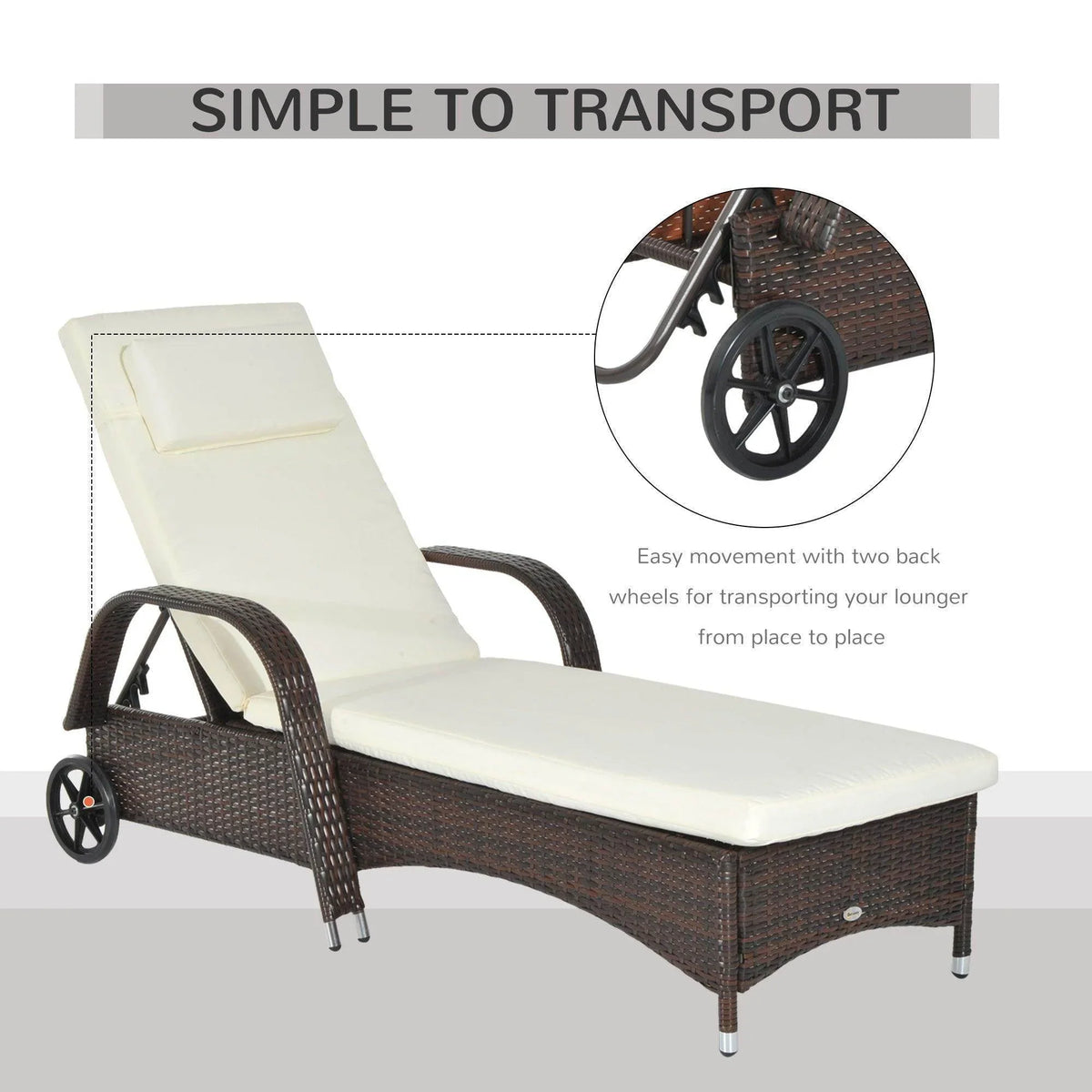 Brown rattan adjustable sun lounger with white cushion and two transport wheels