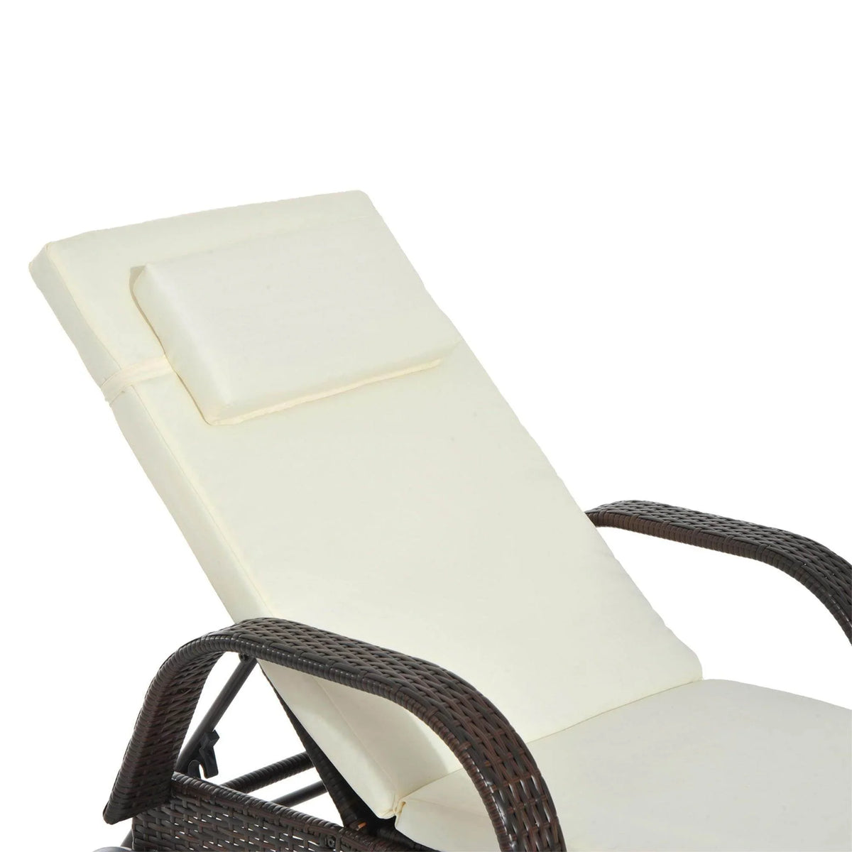 Brown rattan sun lounger with white cushion set and raised headrest support