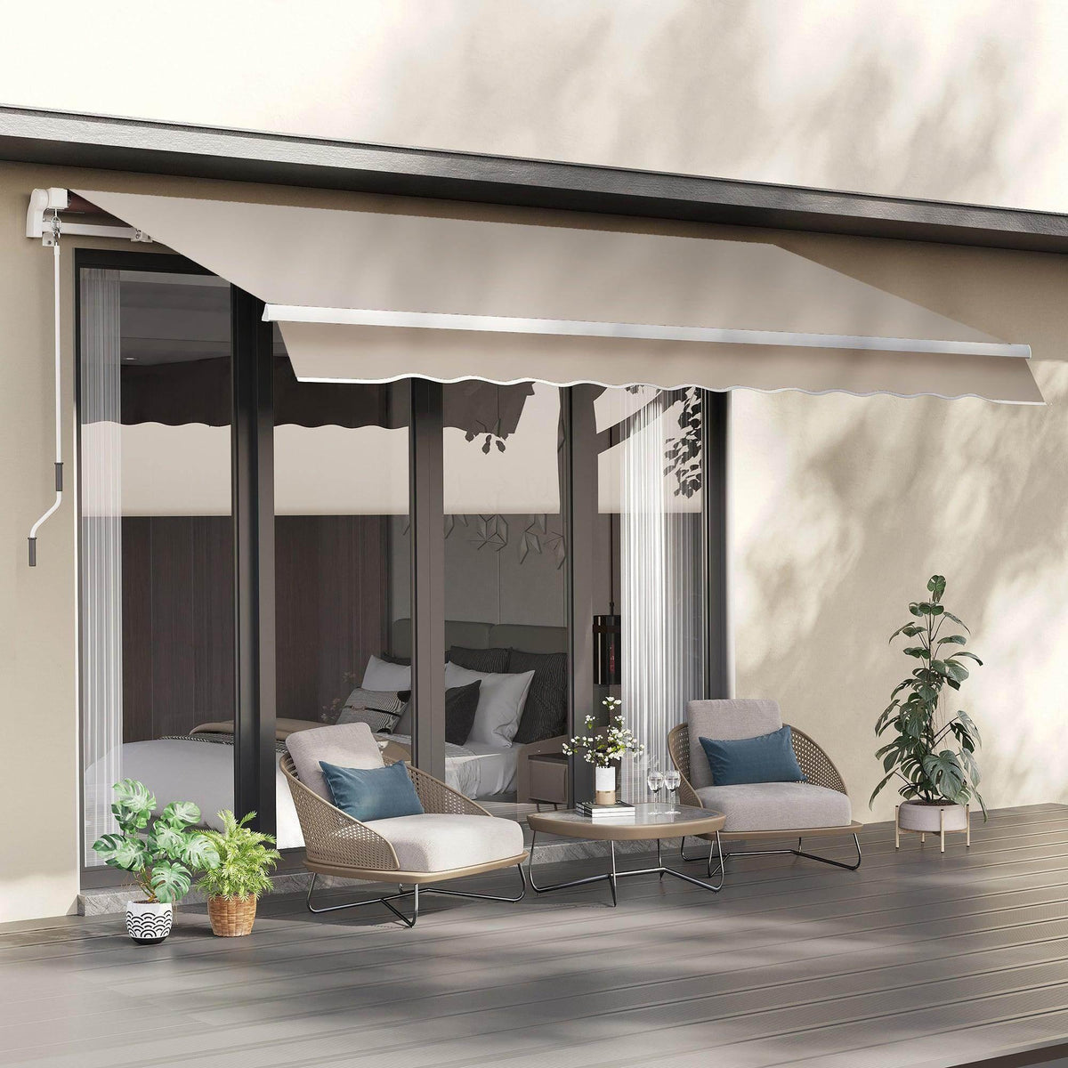 Beige retractable outdoor canopy awning over patio doorway with scalloped edge