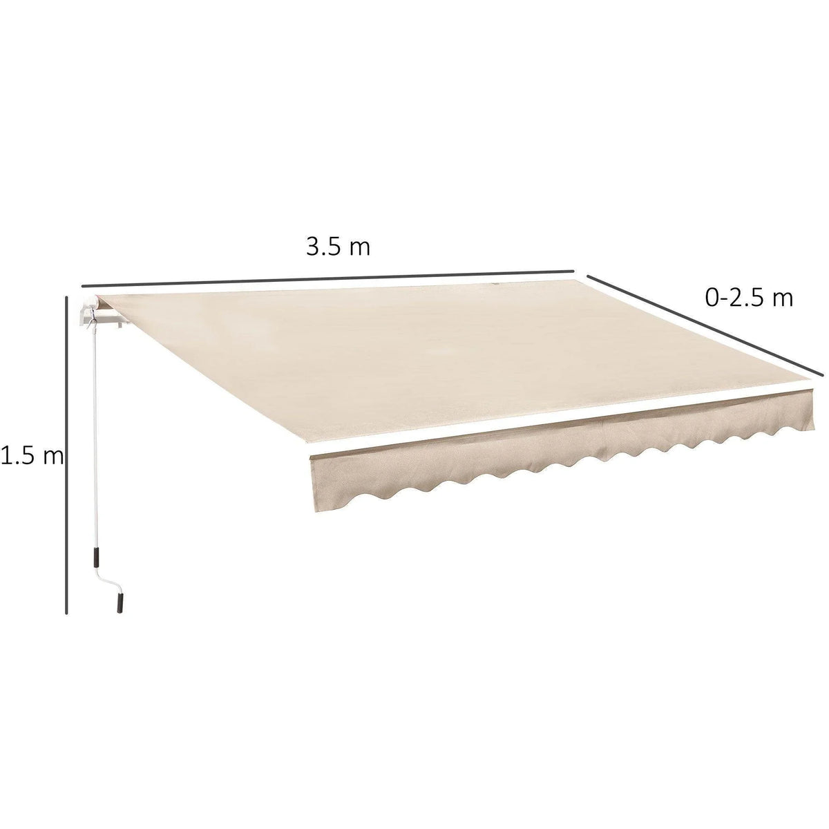 Beige retractable sun shade canopy with side supports and scalloped valance