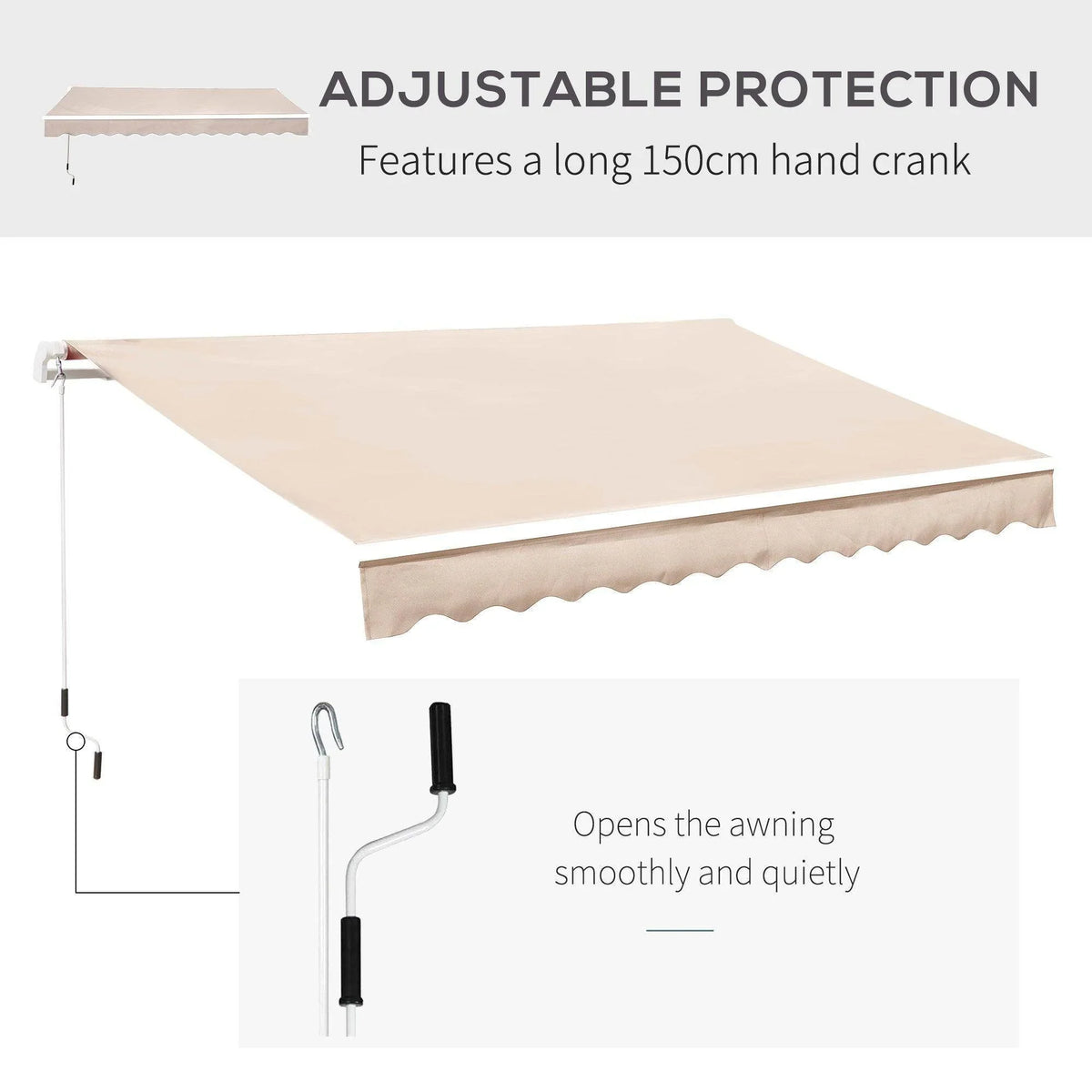 Beige retractable awning canopy with hand-crank arm and scalloped front edge