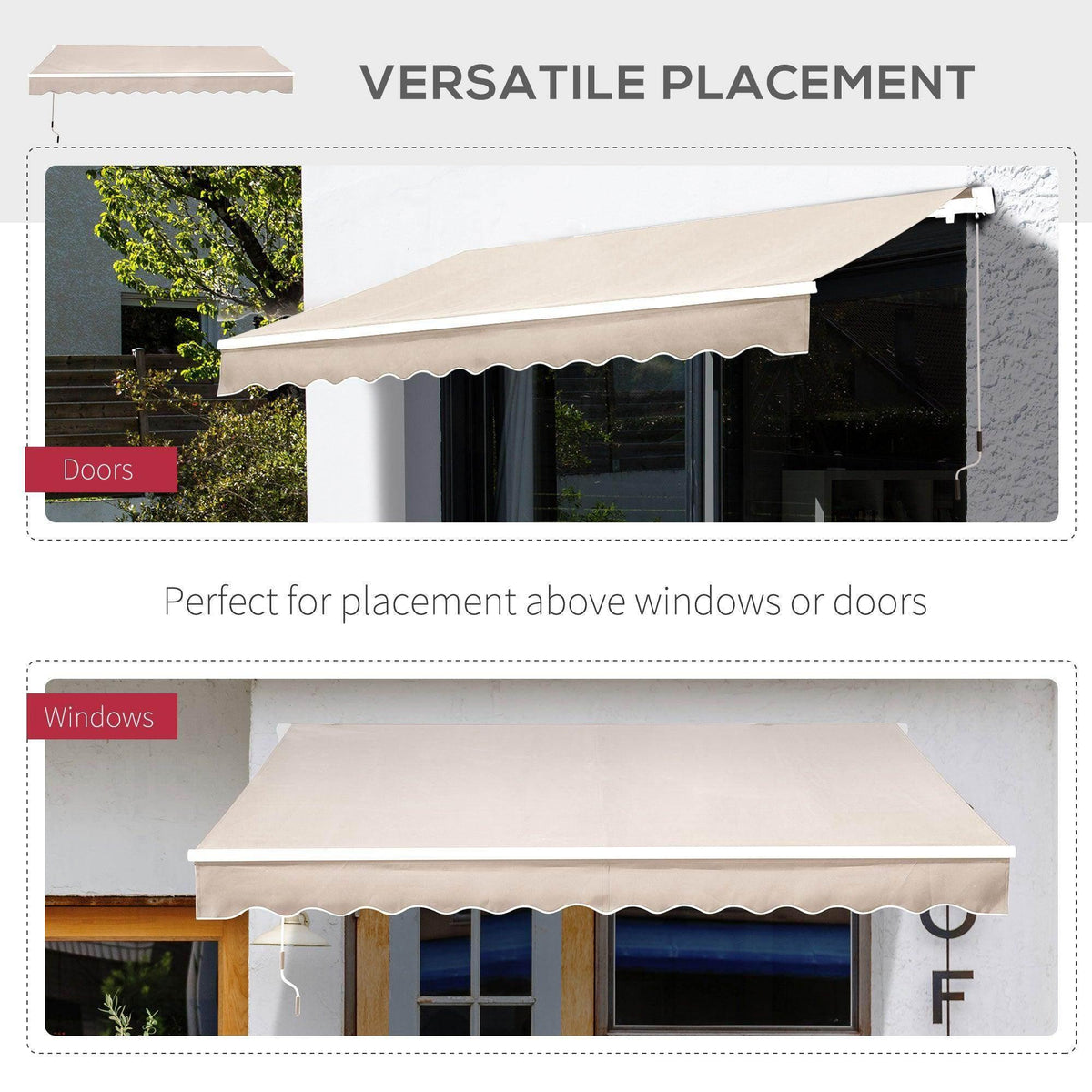 Beige retractable canopy awning above windows and doors with scalloped trim