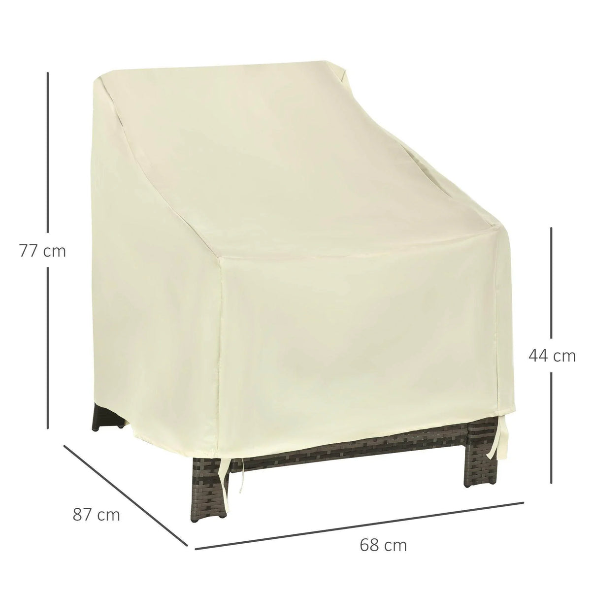 Light cream outdoor chair cover with fitted bottom hem around the chair legs and arms.