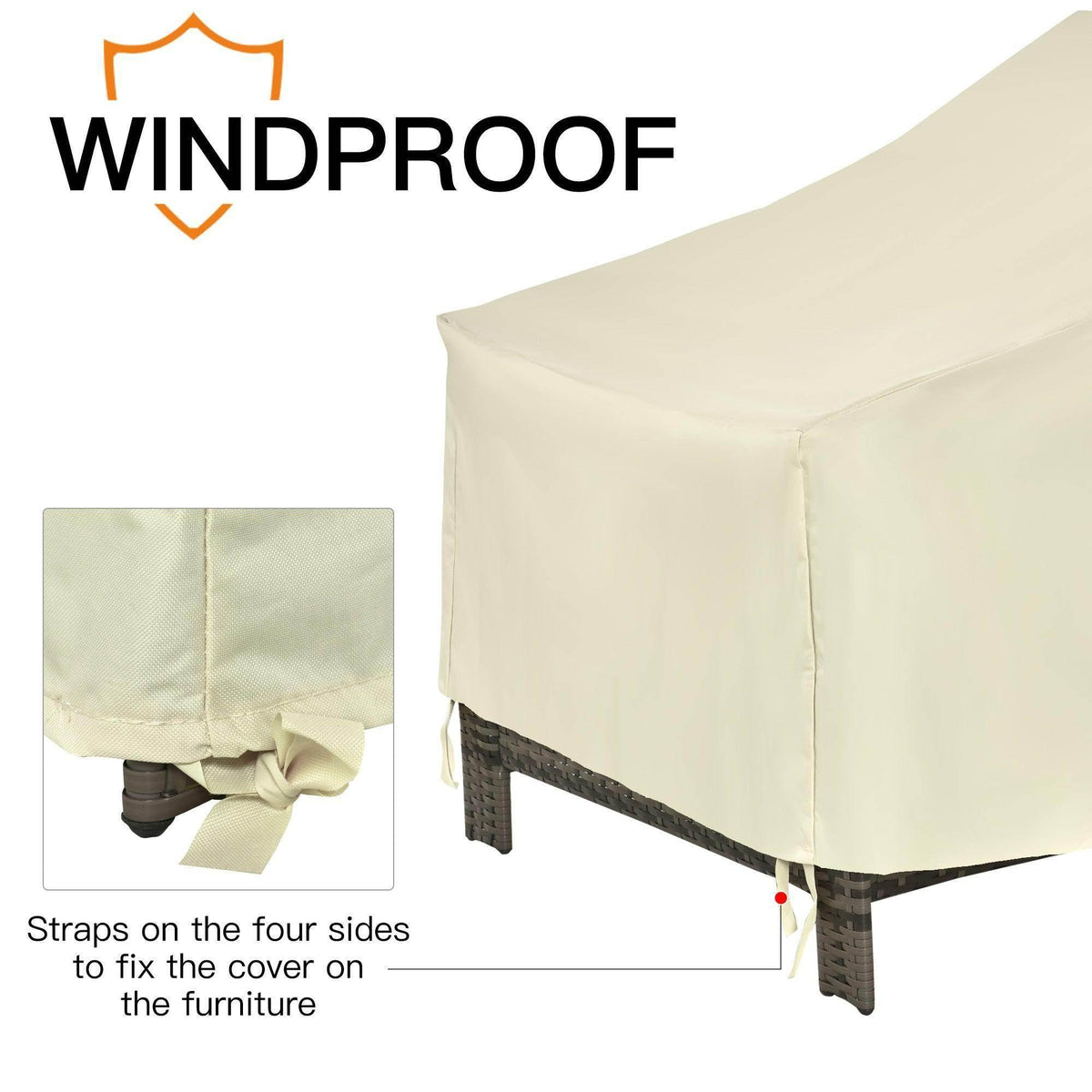 Windproof light cream outdoor chair cover with side straps to help secure the fit.
