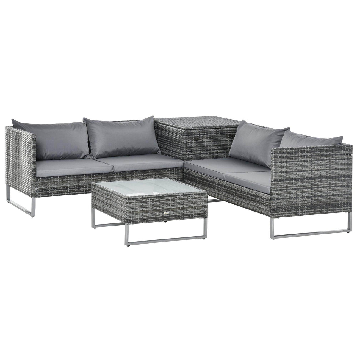 Grey outdoor corner sofa set with ottoman and matching square coffee table