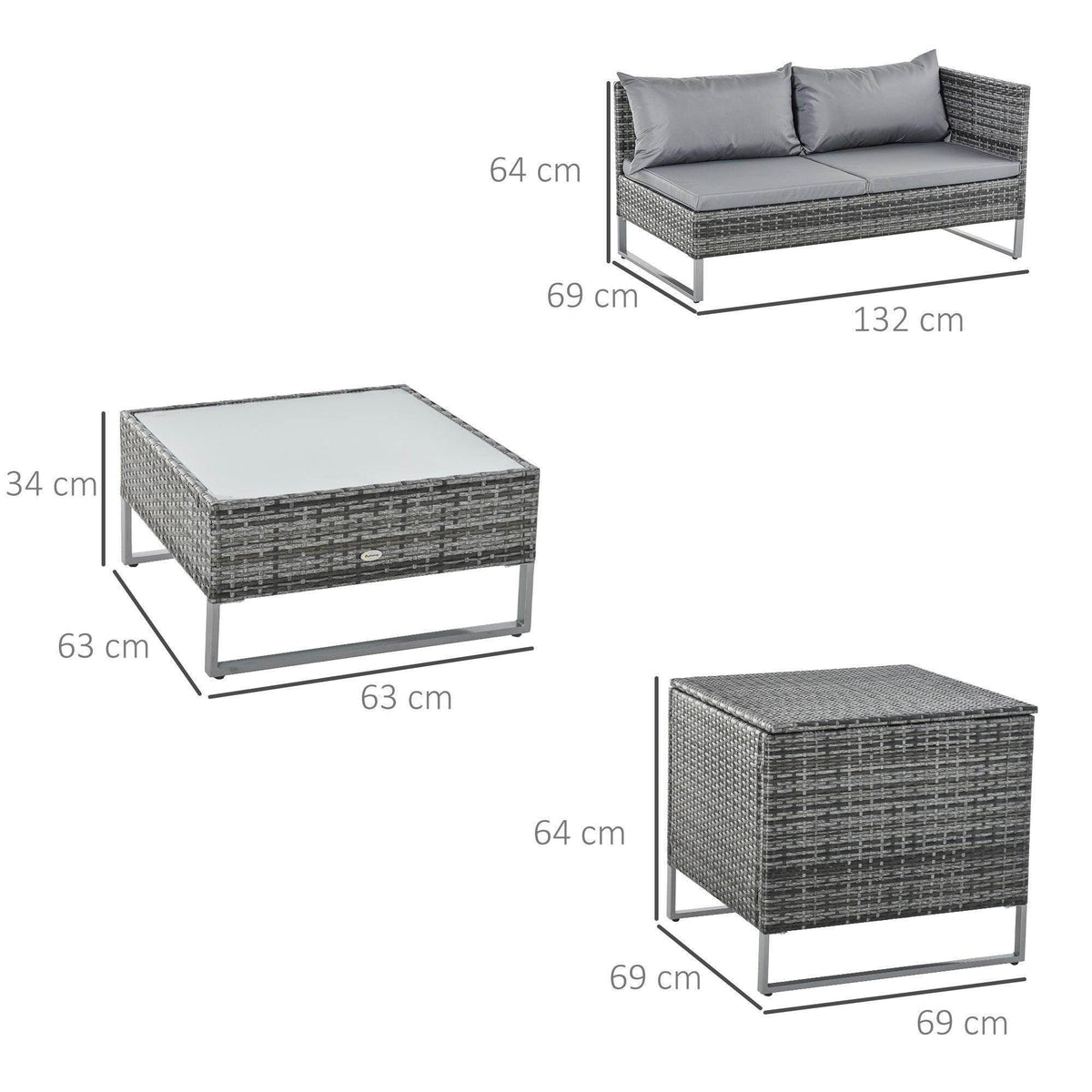 Grey outdoor corner sofa set with coffee table and cushions, with size measurements