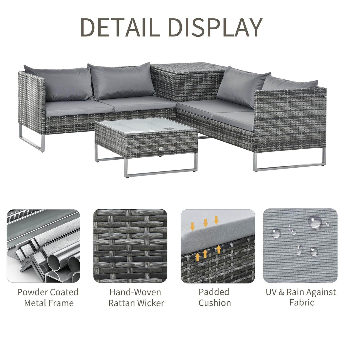 Grey outdoor corner sofa set detail with cushioned seats and square storage coffee table
