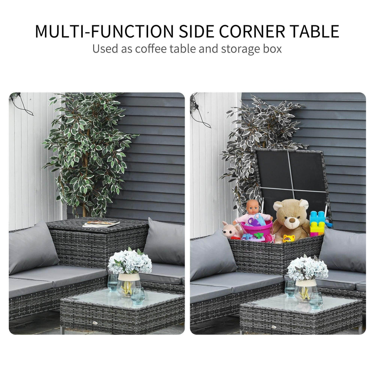 Grey multi-function side corner table used as coffee table and storage box