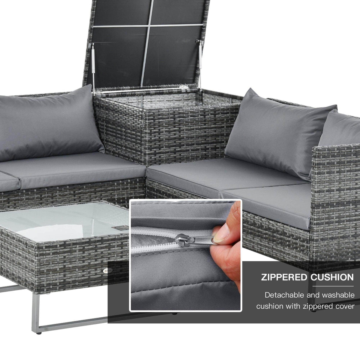 Grey corner sofa set with square storage table and zipped cushion cover detail