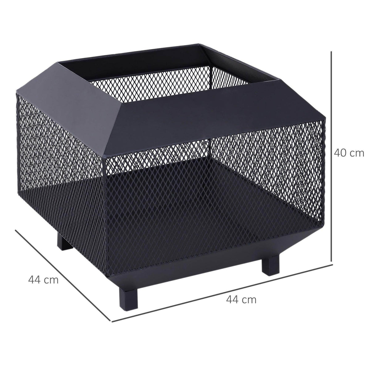 Outdoor fire pit with lid and steel mesh enclosure, rectangular 44 x 44 cm base