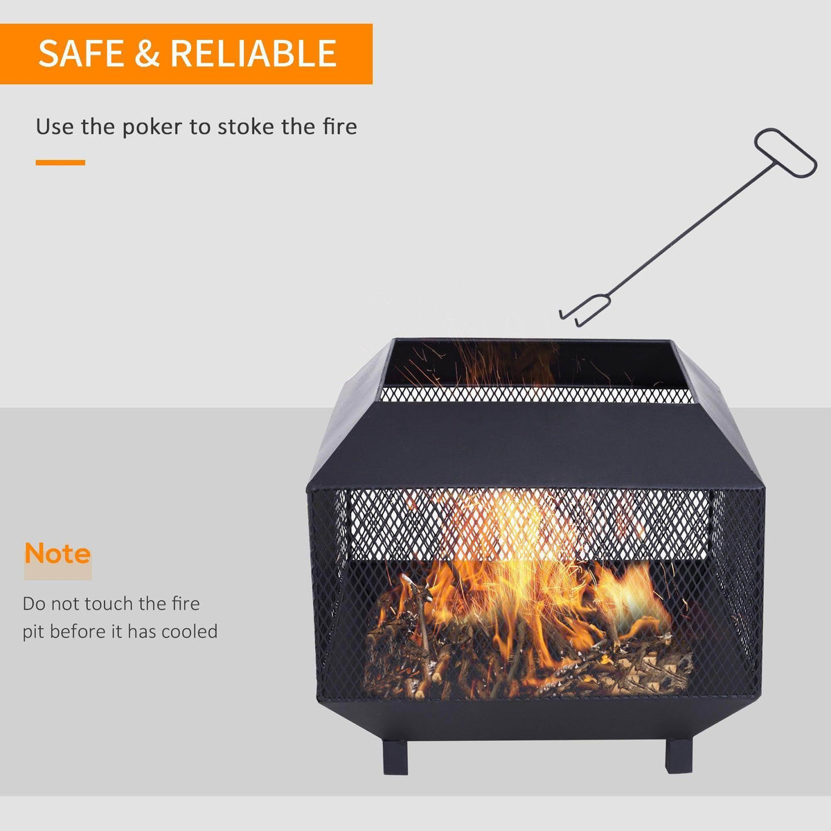 Outdoor fire pit with lid and mesh screen, flames visible inside, poker stoking