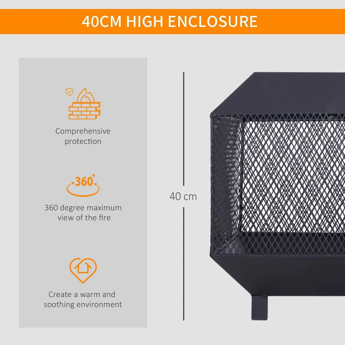 Outdoor fire pit with 40 cm high mesh enclosure and curved top hood