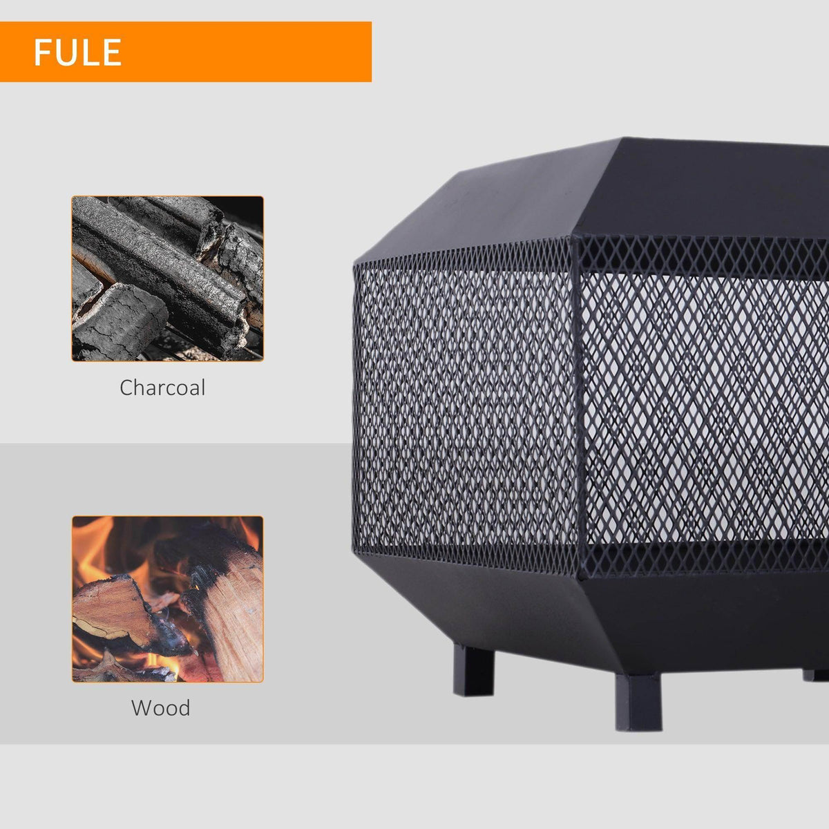 Outdoor fire pit with mesh sides and hinged lid, designed for charcoal or wood