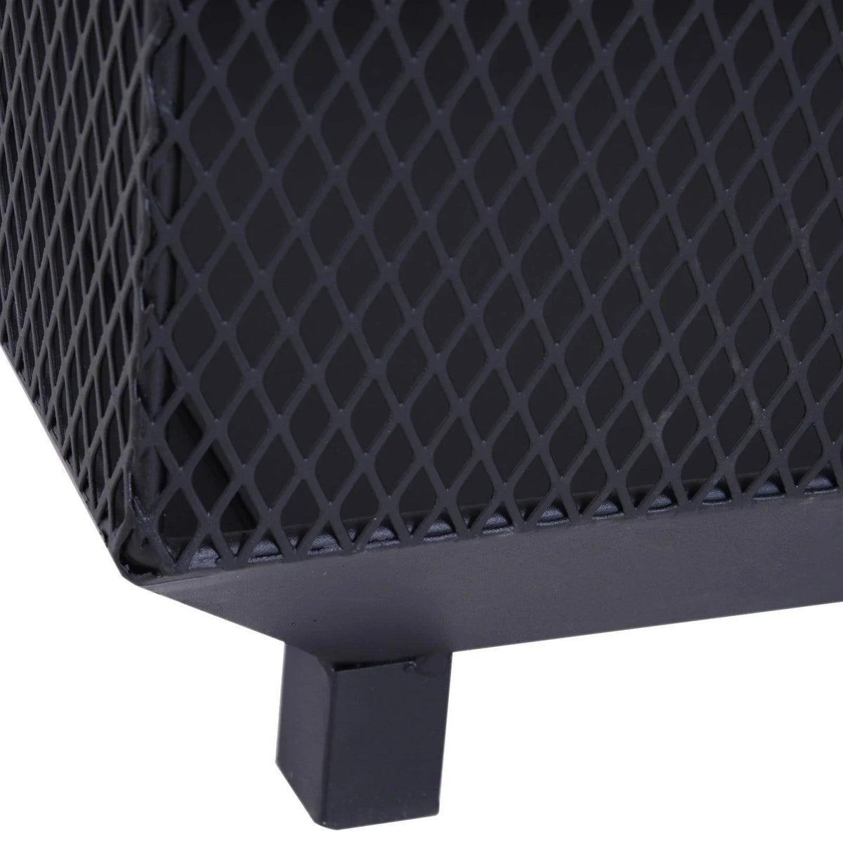 Outdoor fire pit leg and dark steel base with diamond-pattern mesh sides
