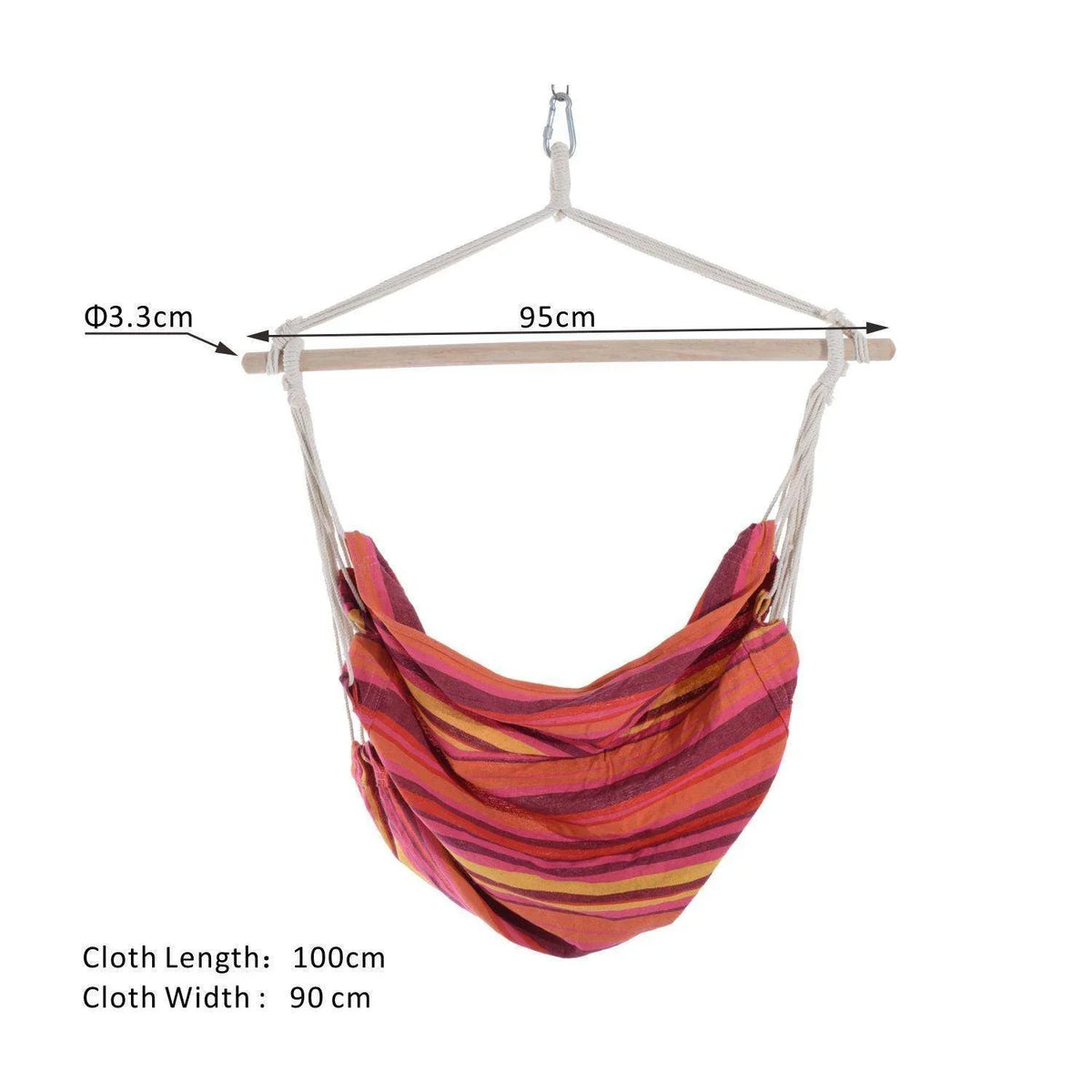 Hanging hammock chair with multicolor striped fabric and light wooden top bar
