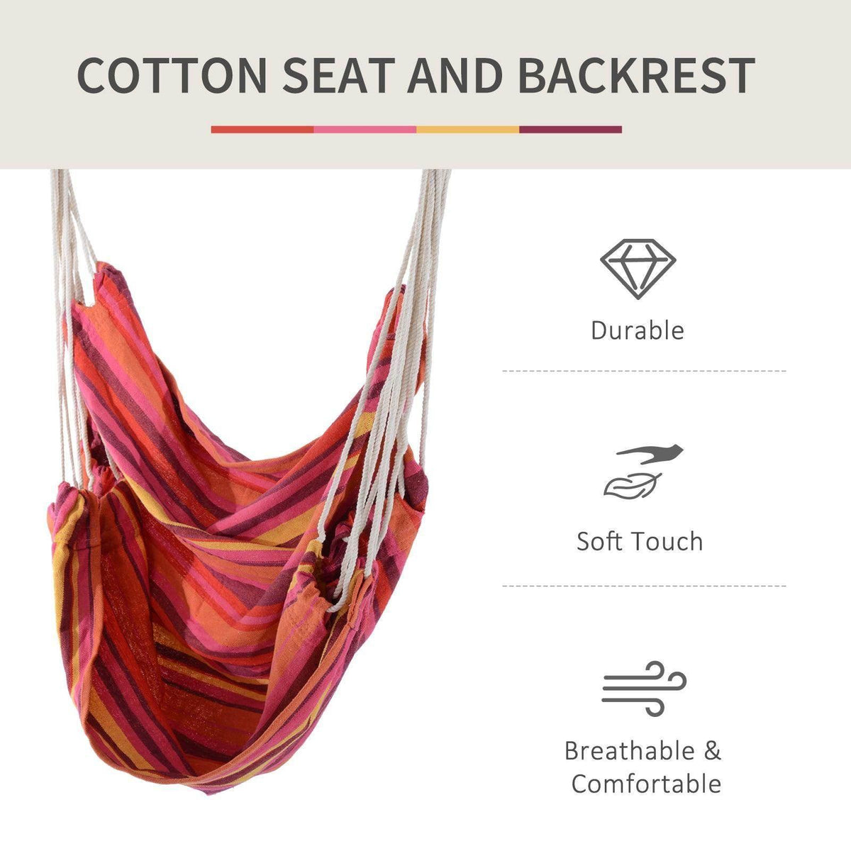 Multicolor striped cotton hammock seat and backrest with hanging rope support