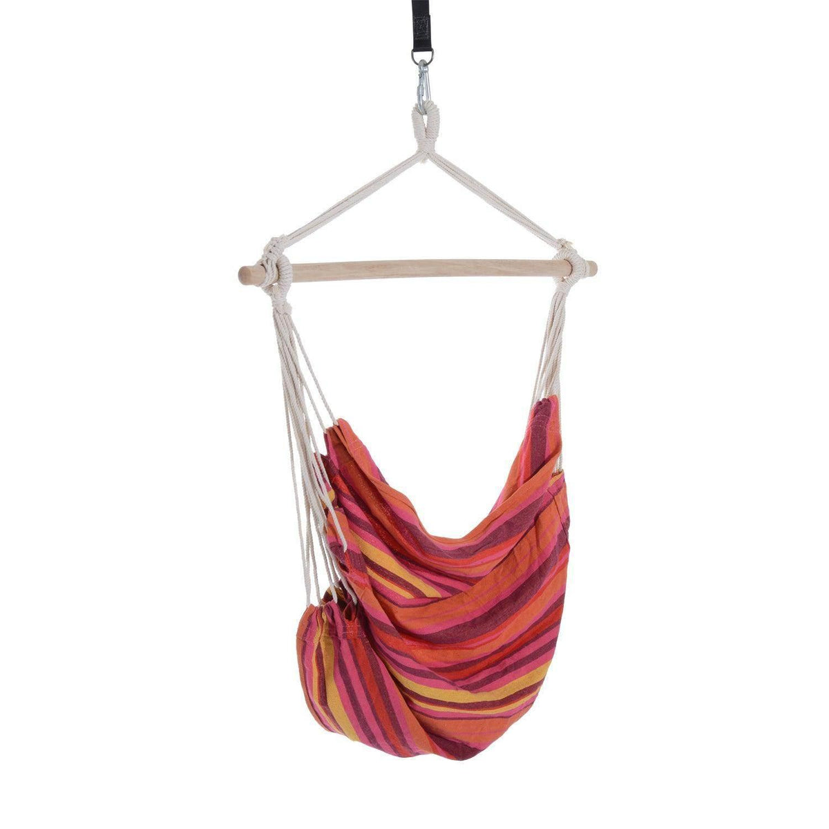 Striped hammock swing chair with wooden spreader bar and hanging cotton ropes