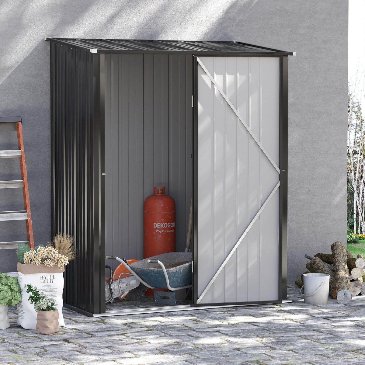 Outdoor metal storage shed with dual doors, dark gray panels and diagonal bracing