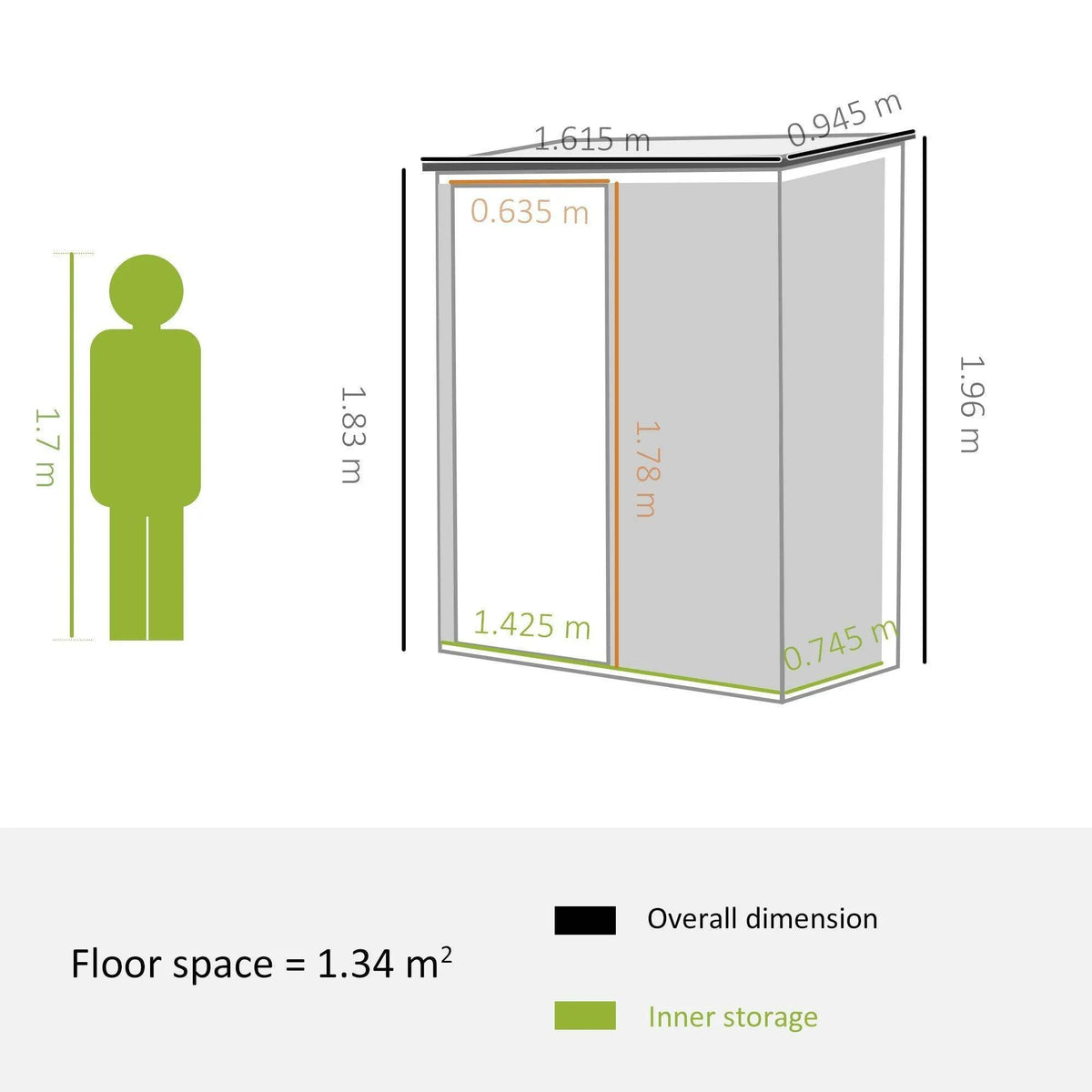 Metal storage shed dimension diagram with labeled floor space and inner storage