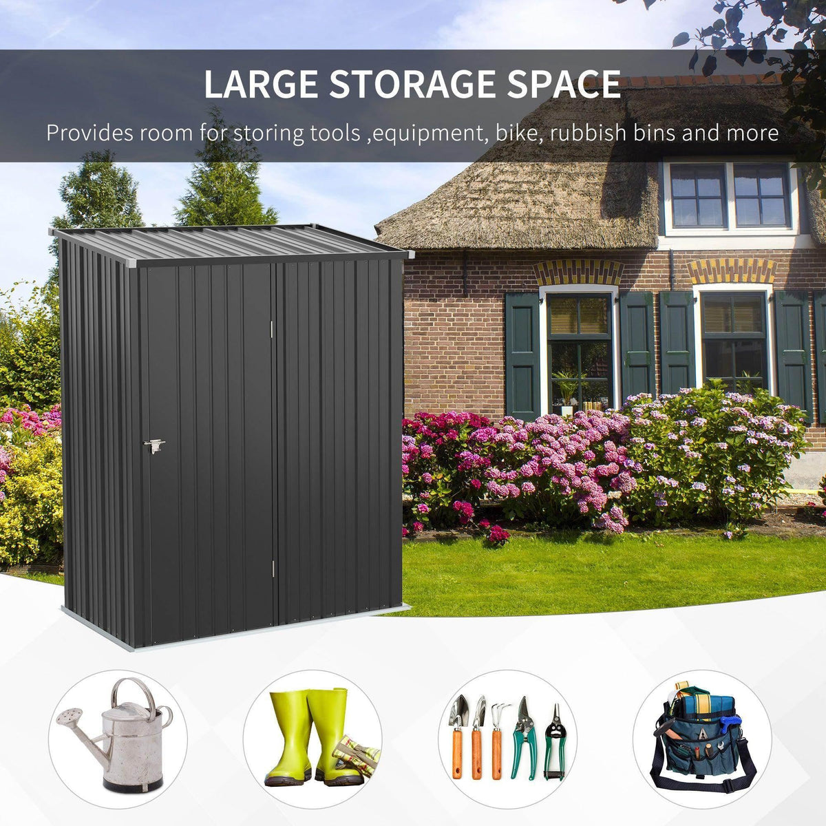 Outdoor metal storage shed with double doors, dark gray finish and sloped roof